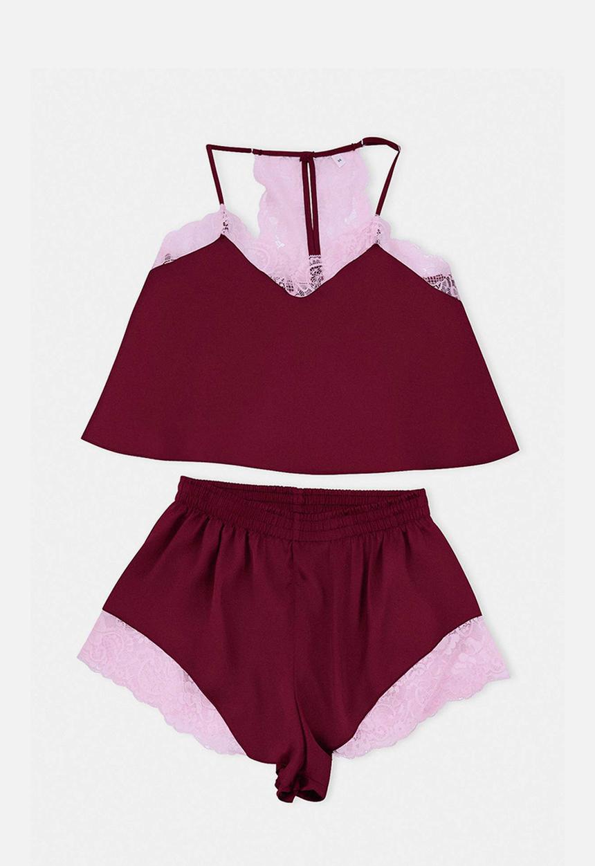 Trendyol - Lace rope strap woven pajama set - burgundy