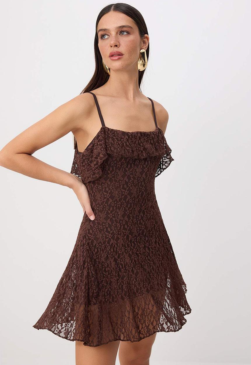 Trendyol - Lace Detail Lined Mini Dress - Dark Brown