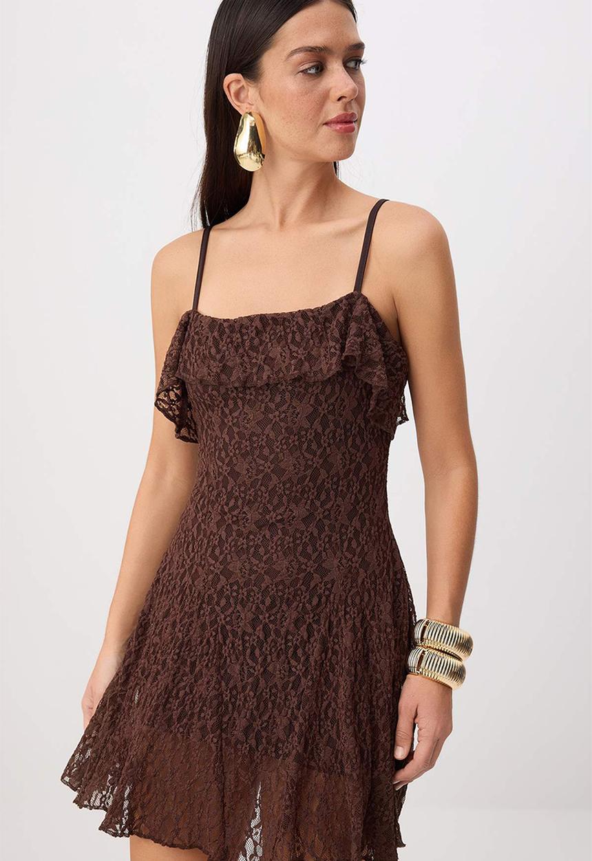 Trendyol - Lace Detail Lined Mini Dress - Dark Brown
