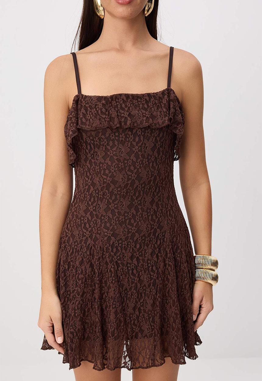 Trendyol - Lace Detail Lined Mini Dress - Dark Brown