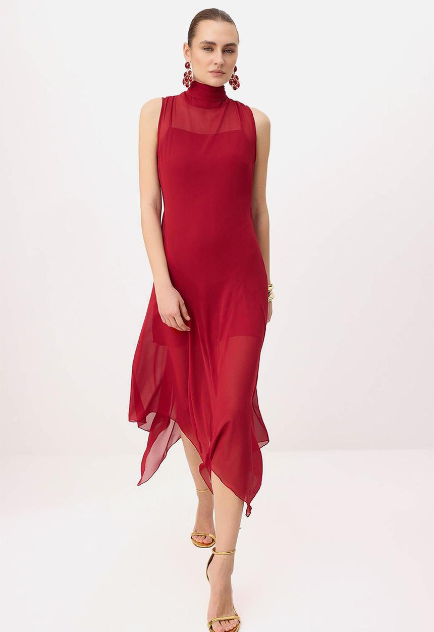 Trendyol - Asymmetric Chiffon Midi Dress with Stand Collar - Burgundy