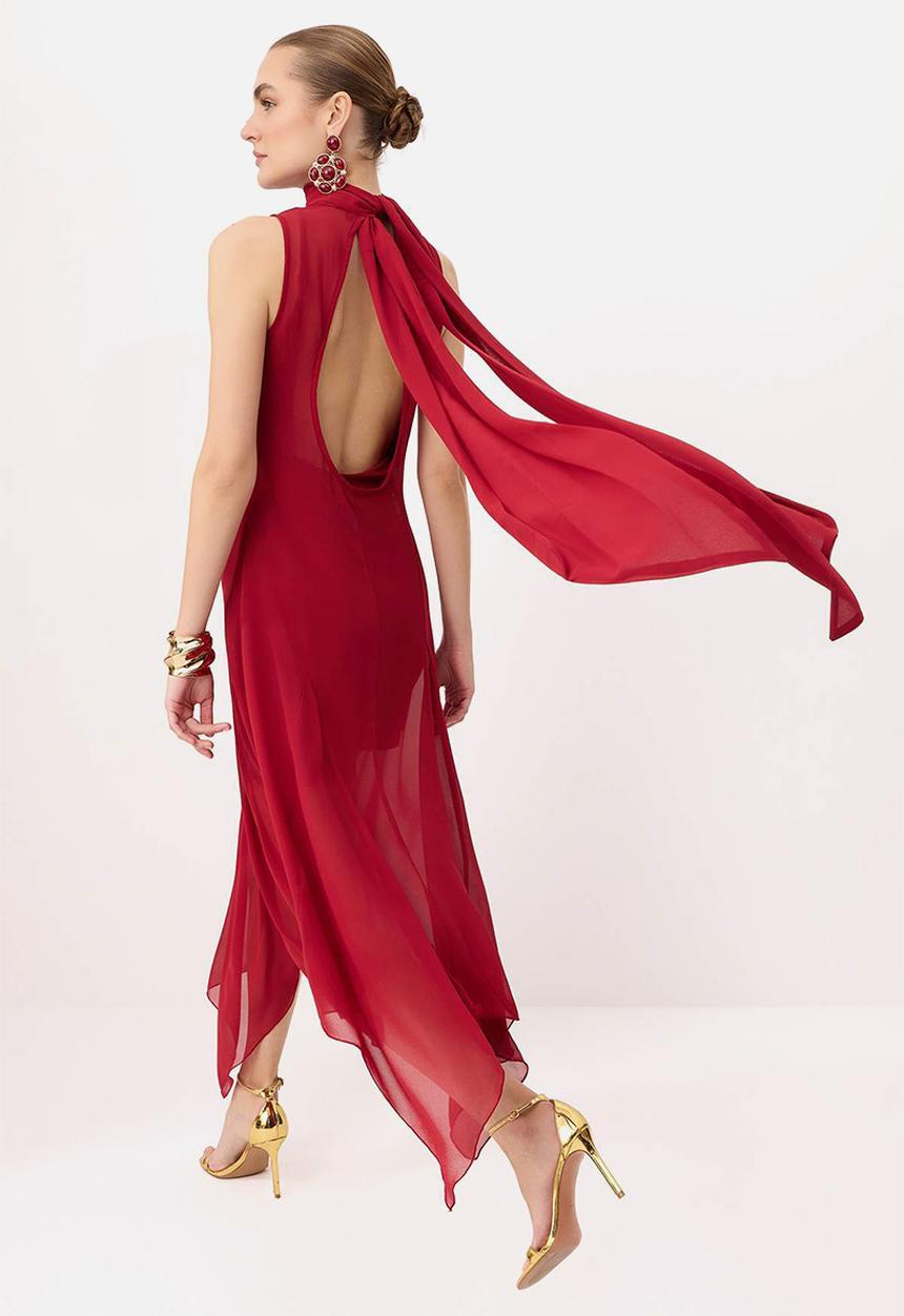 Trendyol - Asymmetric Chiffon Midi Dress with Stand Collar - Burgundy