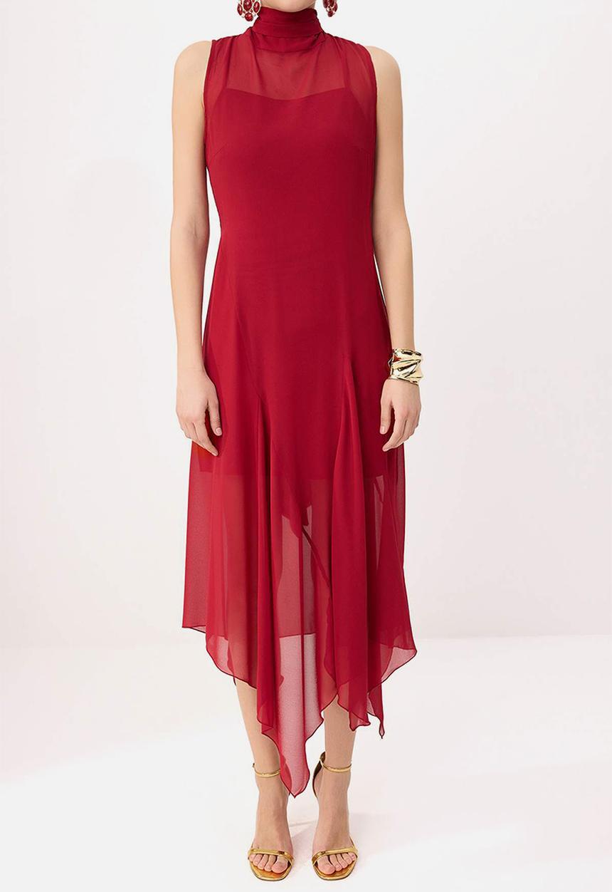 Trendyol - Asymmetric Chiffon Midi Dress with Stand Collar - Burgundy