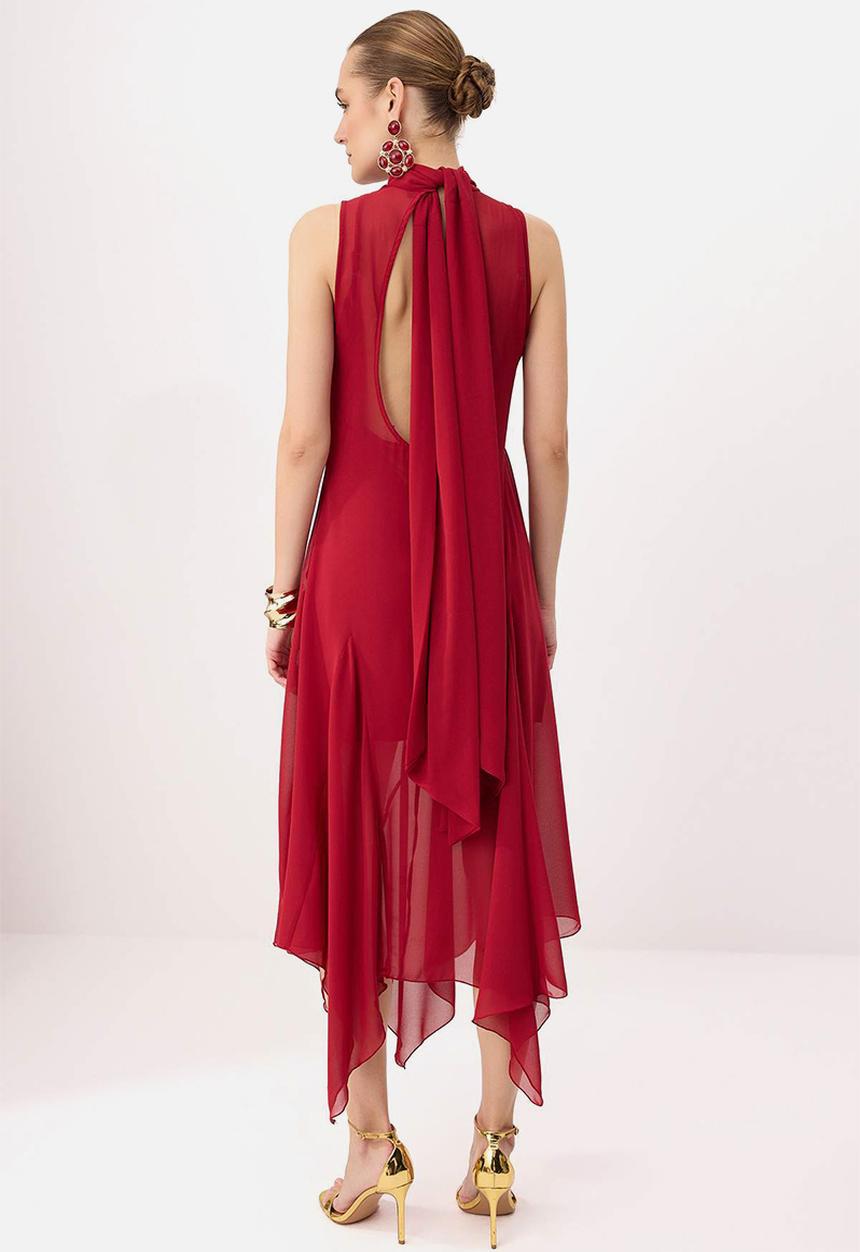 Trendyol - Asymmetric Chiffon Midi Dress with Stand Collar - Burgundy