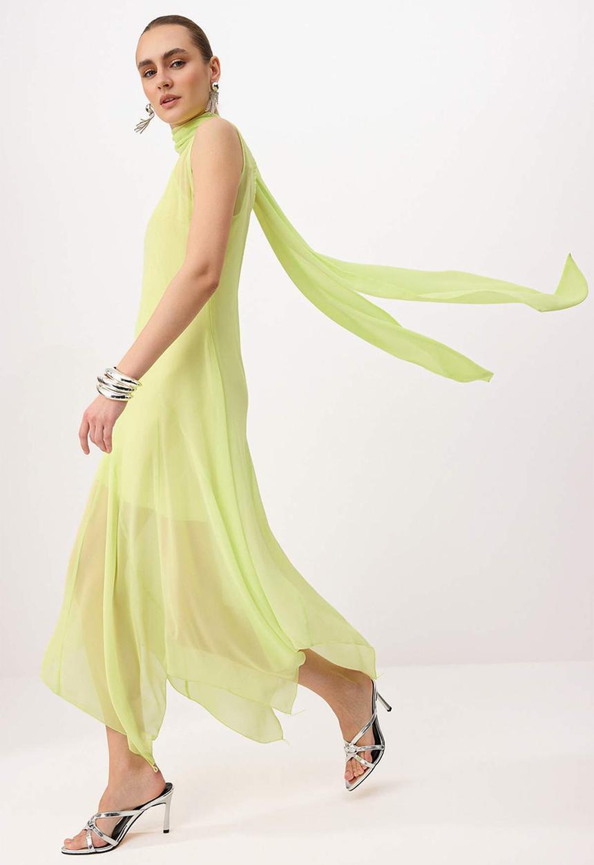 Trendyol - Asymmetric Chiffon Midi Dress with Stand Collar - Lime