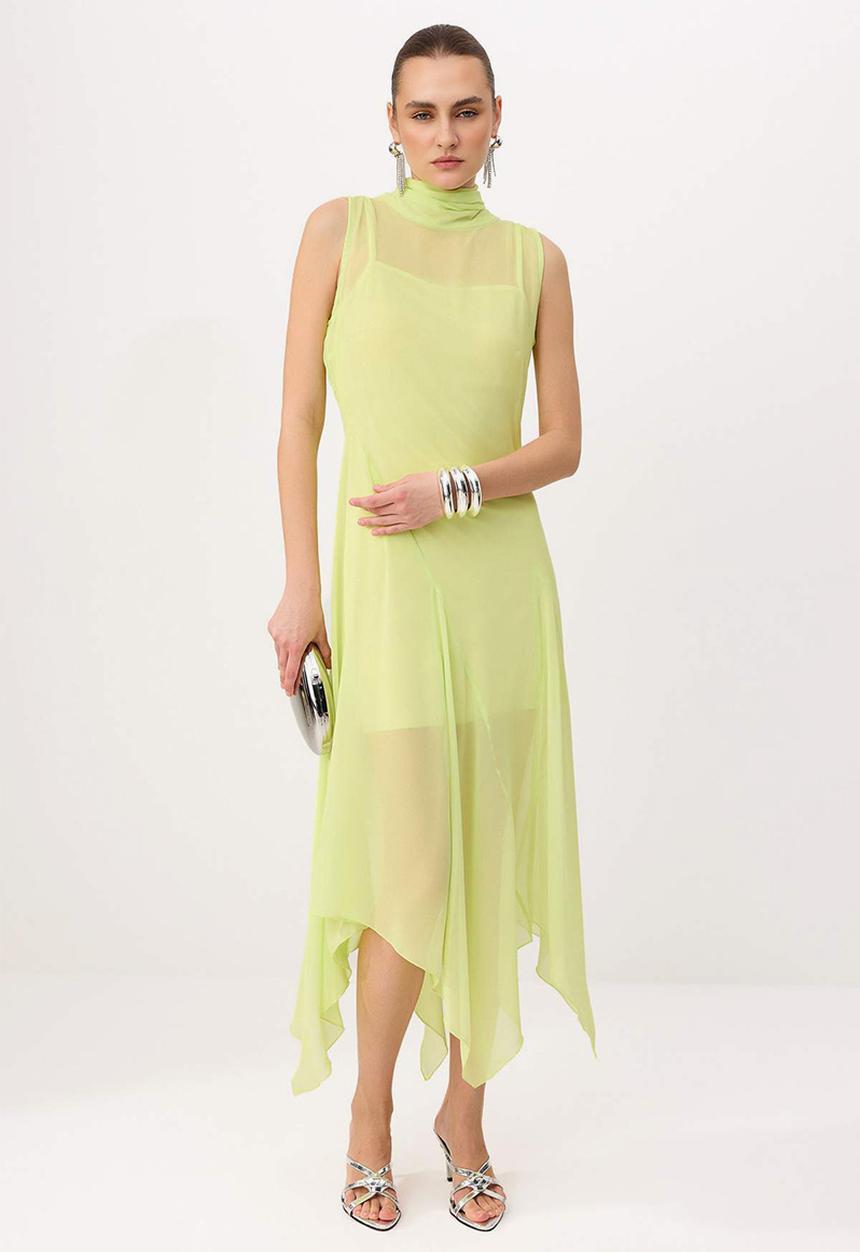 Trendyol - Asymmetric Chiffon Midi Dress with Stand Collar - Lime