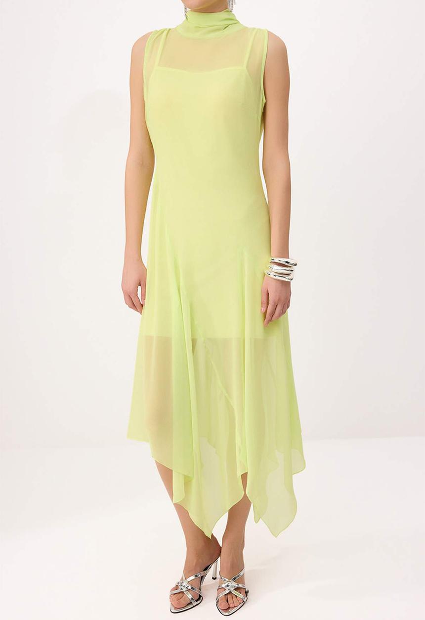 Trendyol - Asymmetric Chiffon Midi Dress with Stand Collar - Lime