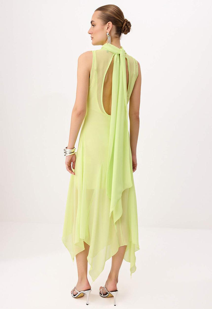 Trendyol - Asymmetric Chiffon Midi Dress with Stand Collar - Lime
