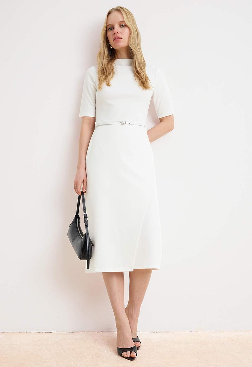 Trendyol - Belted Midi Knit Dress - Ecru