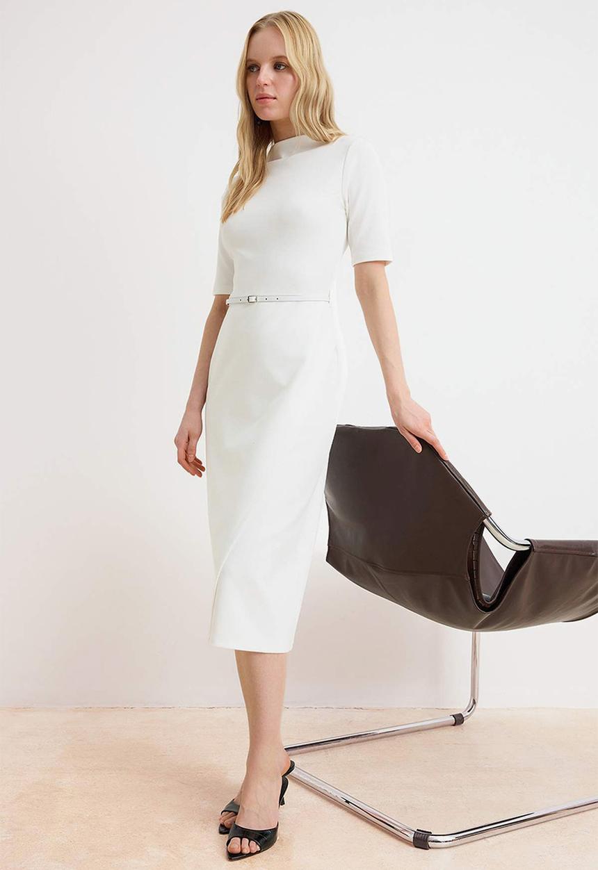 Trendyol - Belted Midi Knit Dress - Ecru
