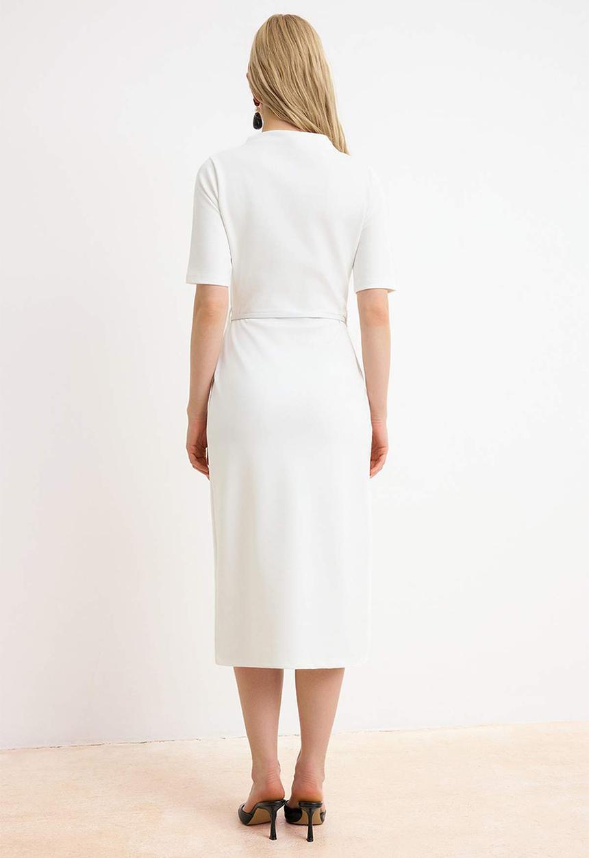 Trendyol - Belted Midi Knit Dress - Ecru