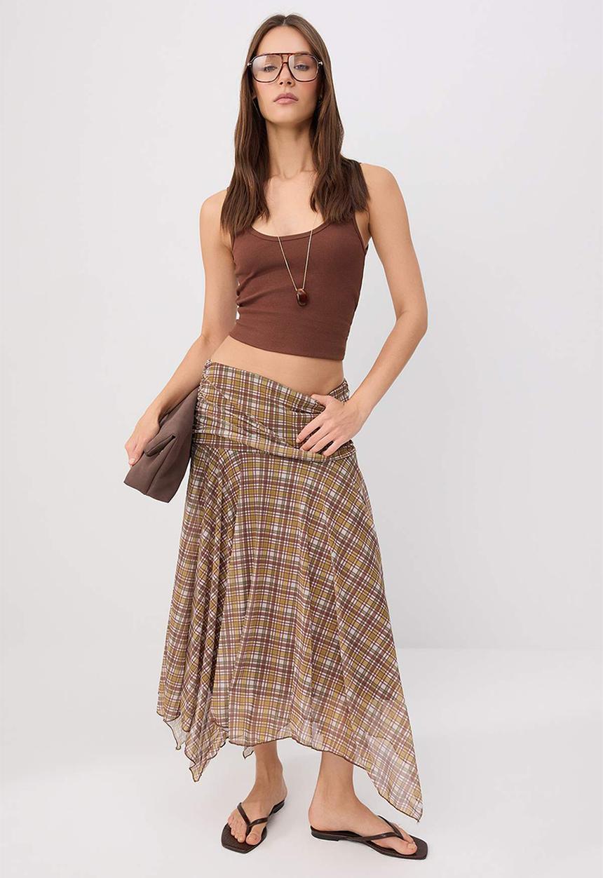 Trendyol - Plaid Asymmetric Hem Skater Skirt - brown