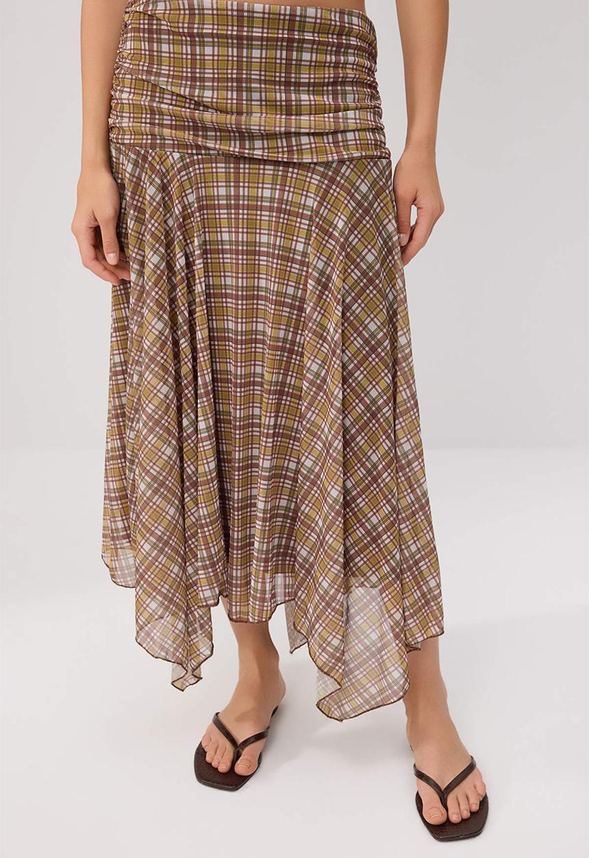 Trendyol - Plaid Asymmetric Hem Skater Skirt - brown