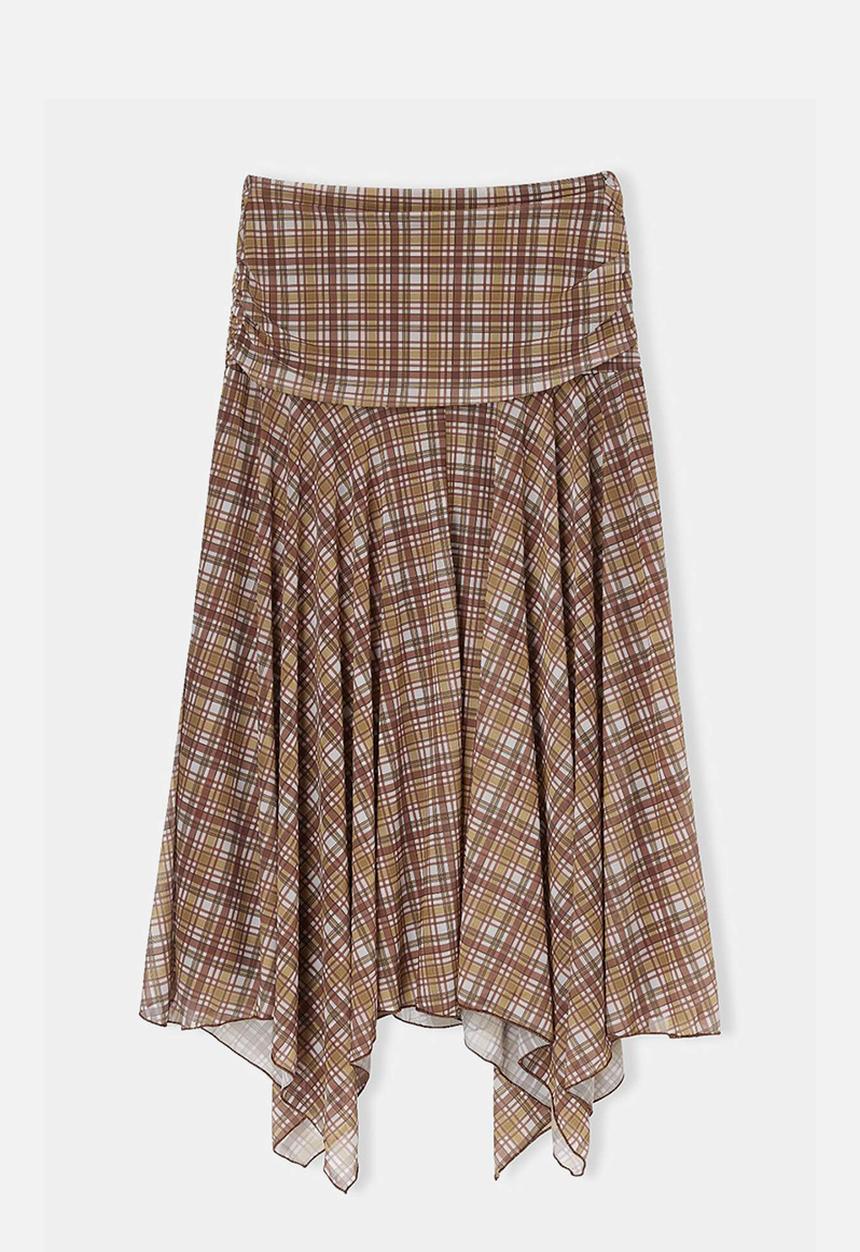 Trendyol - Plaid Asymmetric Hem Skater Skirt - brown