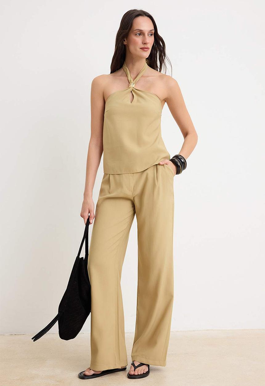 Trendyol - Buckle Detail Blouse and Trousers Set - Dark Beige
