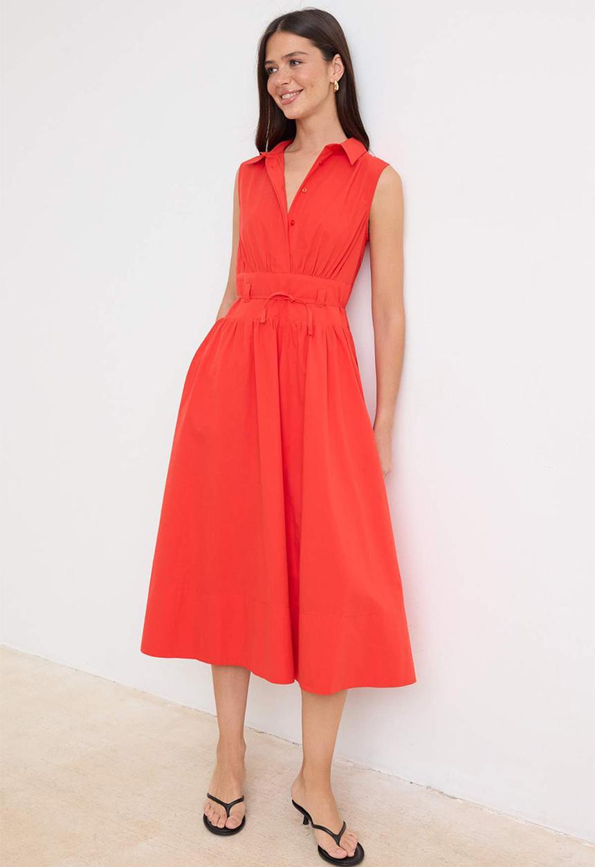 Trendyol - Belted Poplin Shirt Midi Dress - Red