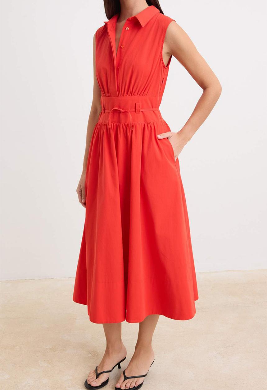 Trendyol - Belted Poplin Shirt Midi Dress - Red