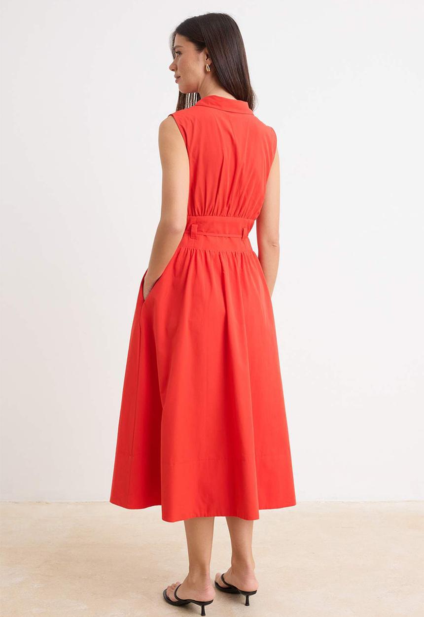Trendyol - Belted Poplin Shirt Midi Dress - Red