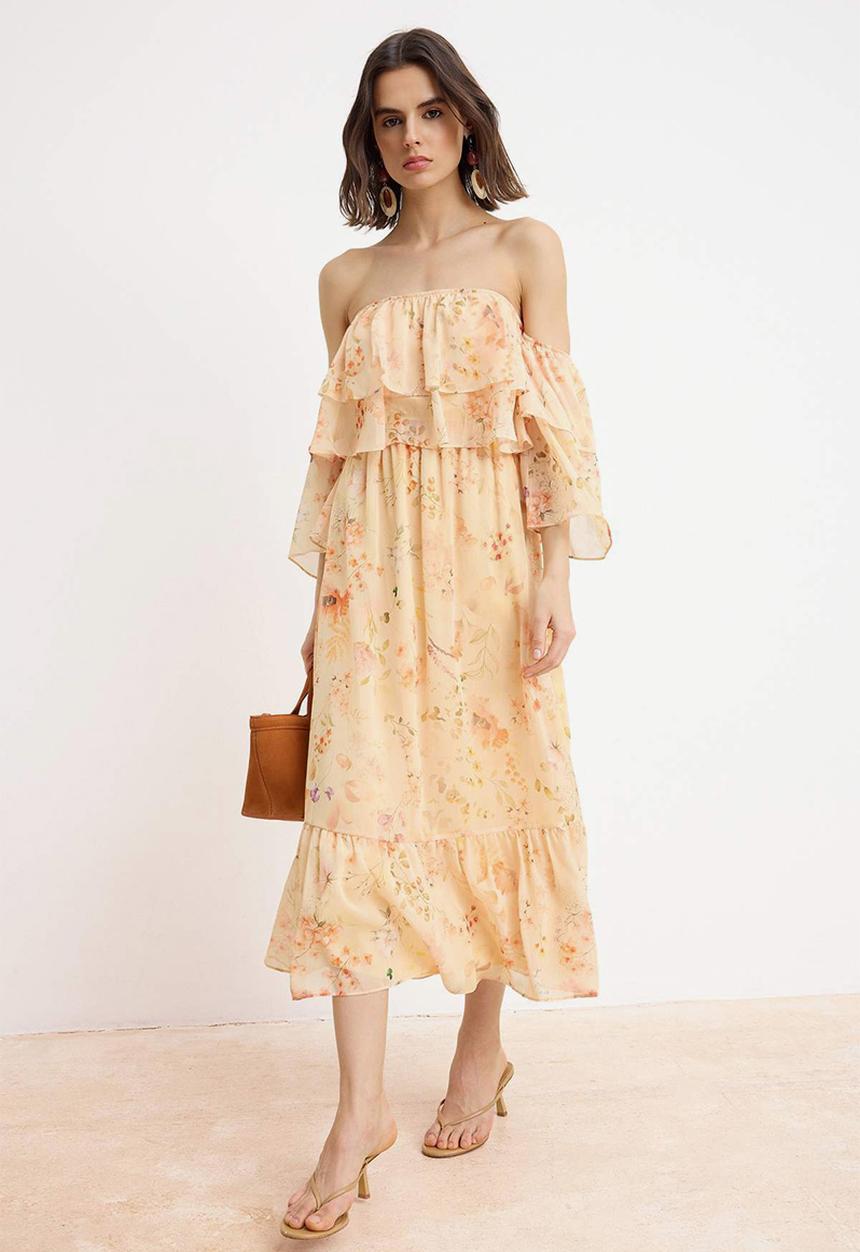 Trendyol - Floral Chiffon Carmen Collar Maxi Dress - neutral