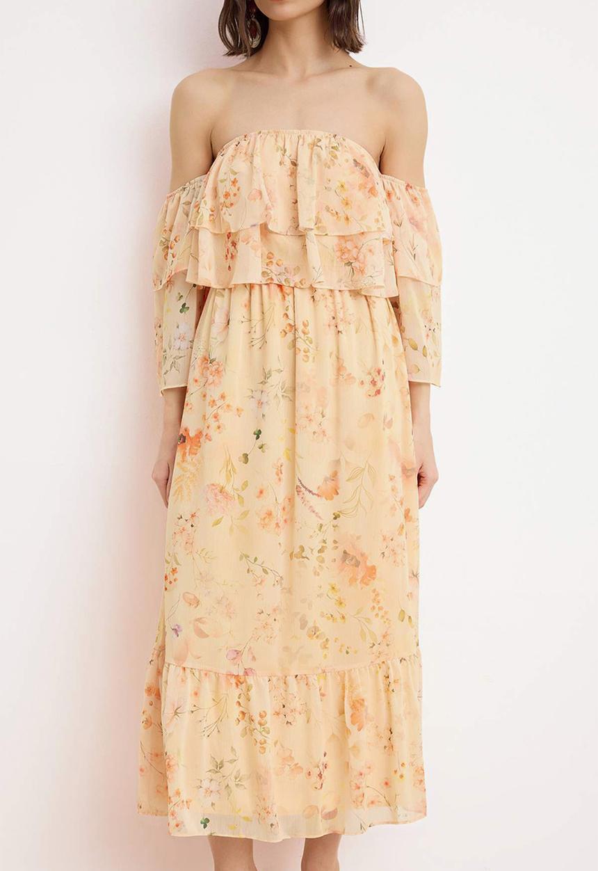 Trendyol - Floral Chiffon Carmen Collar Maxi Dress - neutral