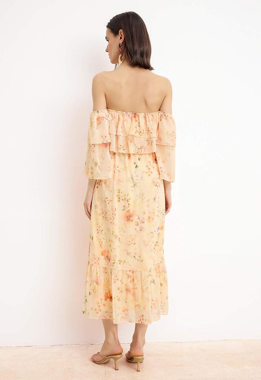 Trendyol - Floral Chiffon Carmen Collar Maxi Dress - neutral