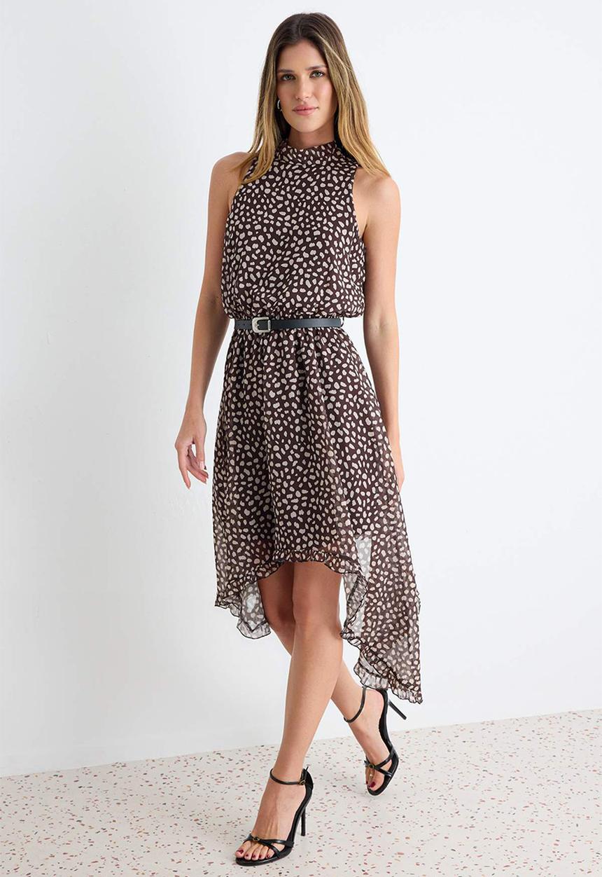 Trendyol - Polka Dot Asymmetric Skirt Midi Dress with Belt - Brown