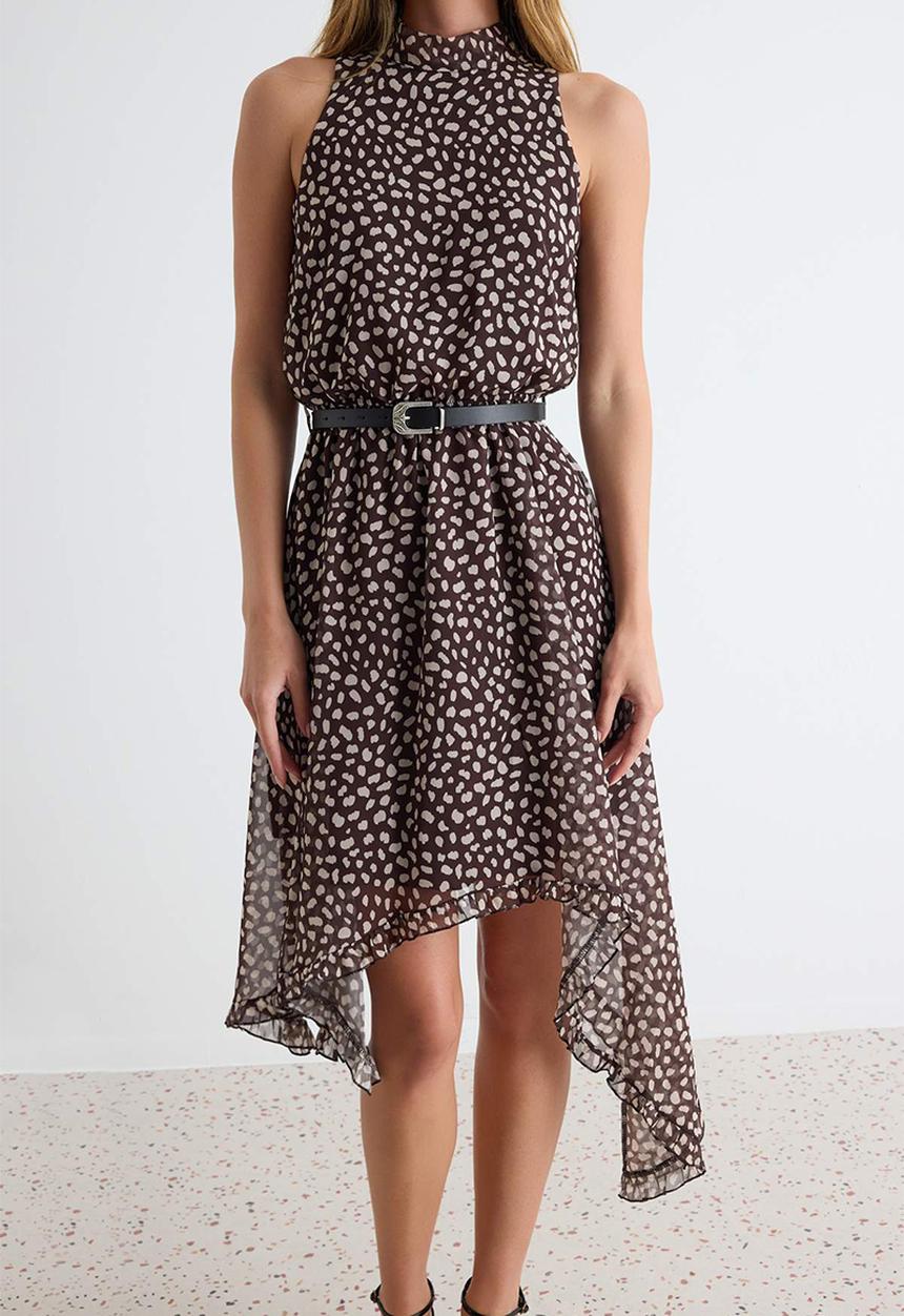 Trendyol - Polka Dot Asymmetric Skirt Midi Dress with Belt - Brown