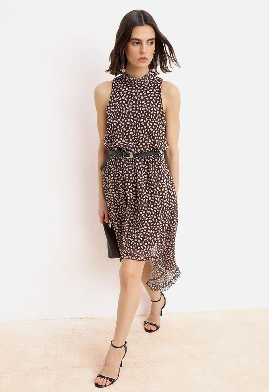 Trendyol - Polka Dot Asymmetric Skirt Midi Dress with Belt - Brown