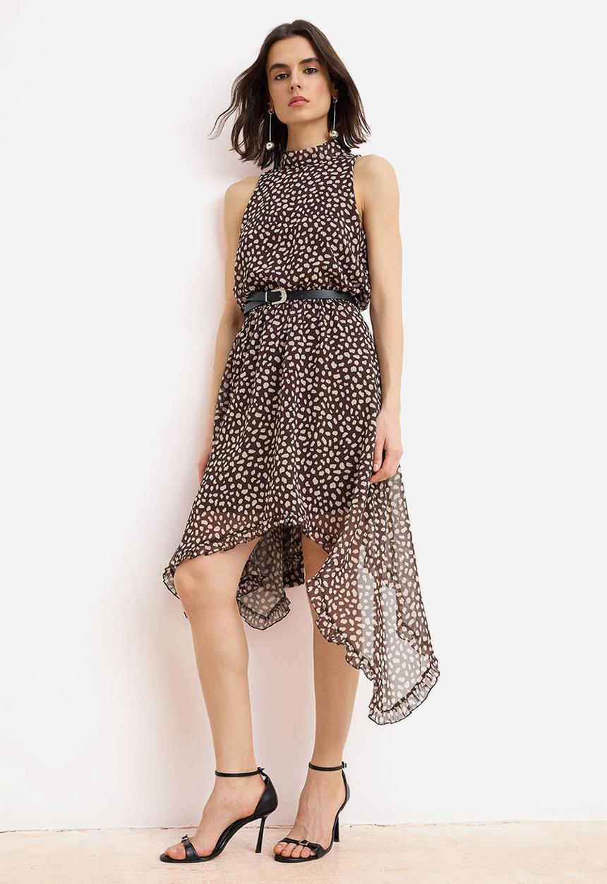 Trendyol - Polka Dot Asymmetric Skirt Midi Dress with Belt - Brown