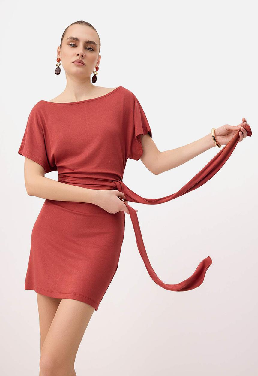 Trendyol - Asymmetric Collar Tie-Detail Mini Knit Dress - Tile