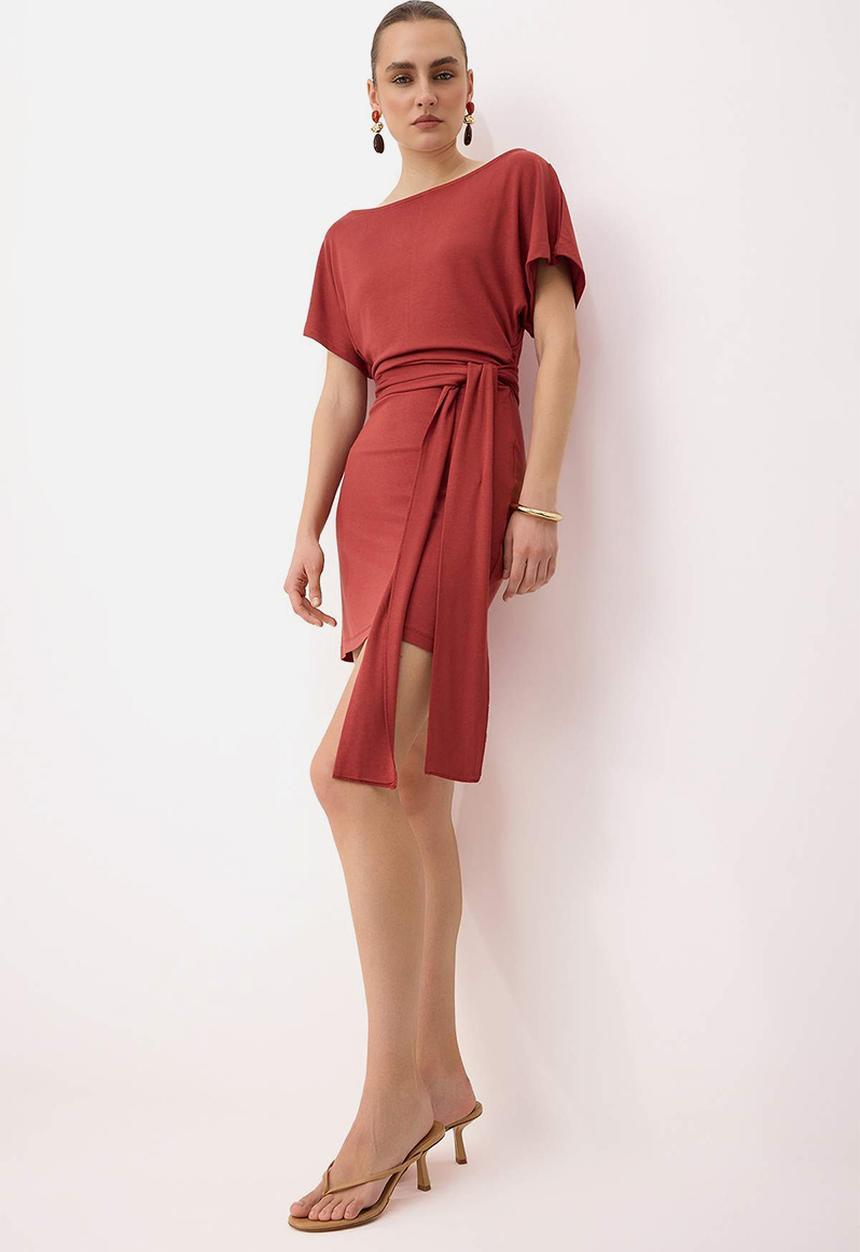 Trendyol - Asymmetric Collar Tie-Detail Mini Knit Dress - Tile