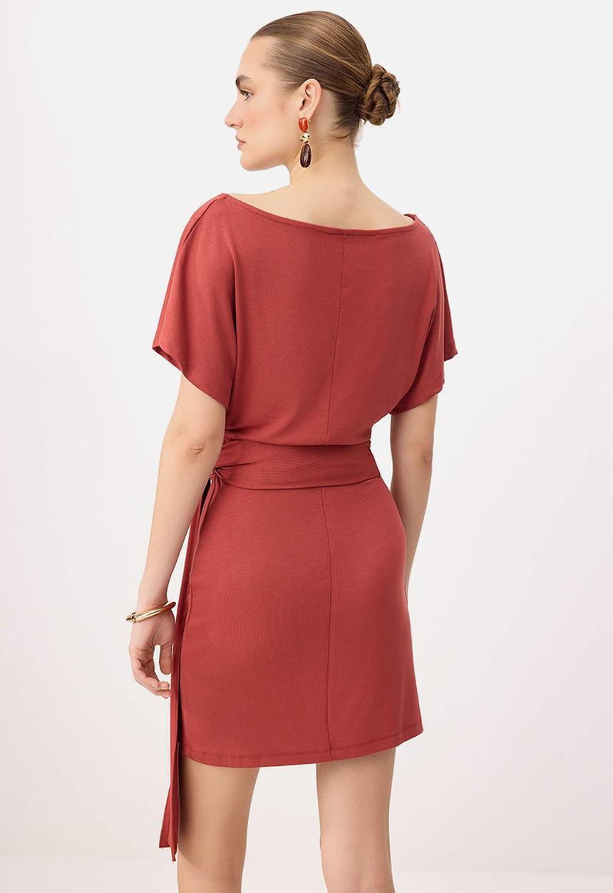 Trendyol - Asymmetric Collar Tie-Detail Mini Knit Dress - Tile