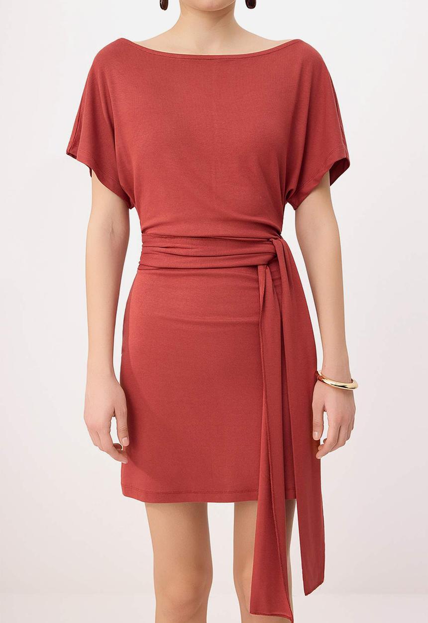 Trendyol - Asymmetric Collar Tie-Detail Mini Knit Dress - Tile