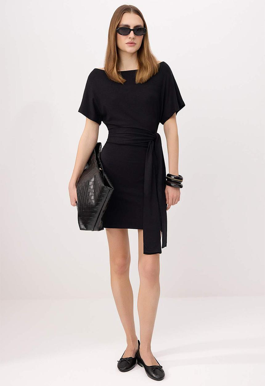 Trendyol - Asymmetric Collar Tie-Detail Mini Knit Dress - Black