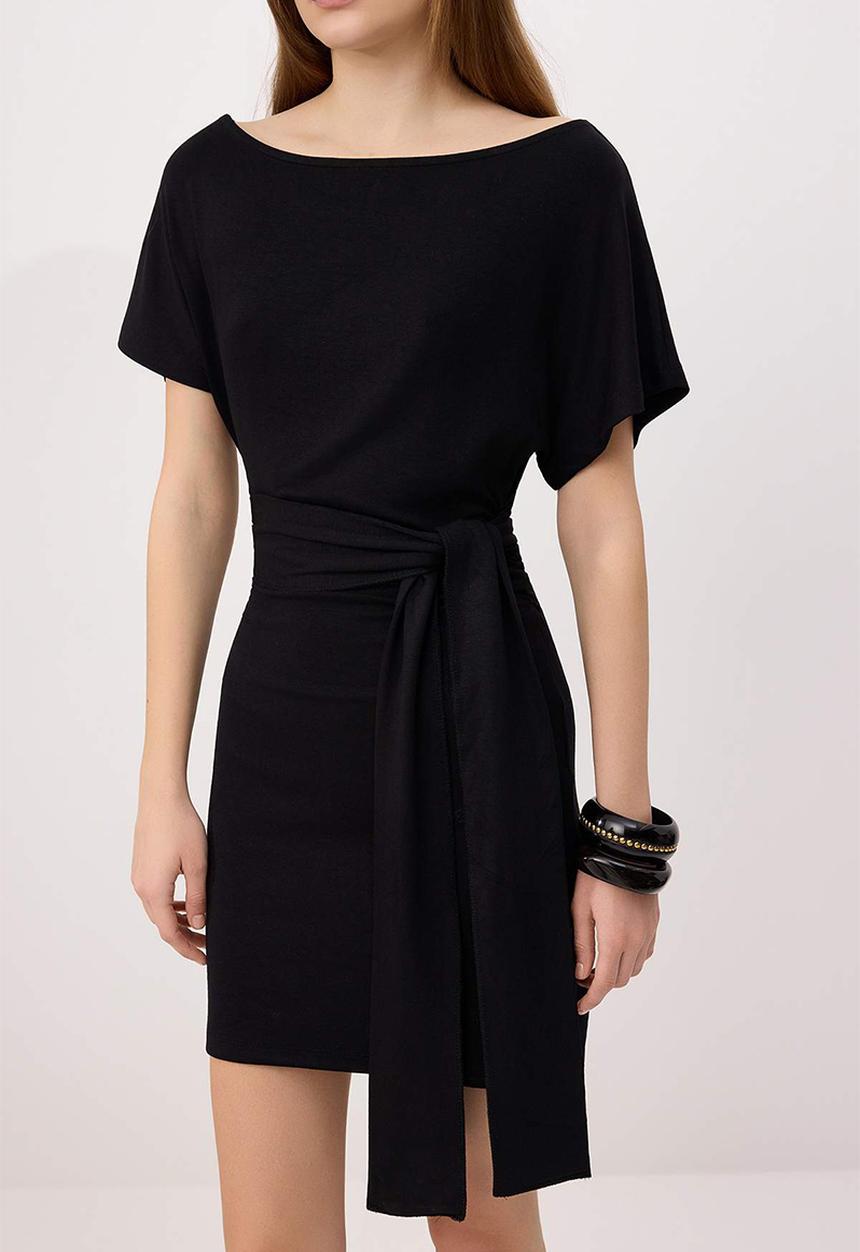 Trendyol - Asymmetric Collar Tie-Detail Mini Knit Dress - Black