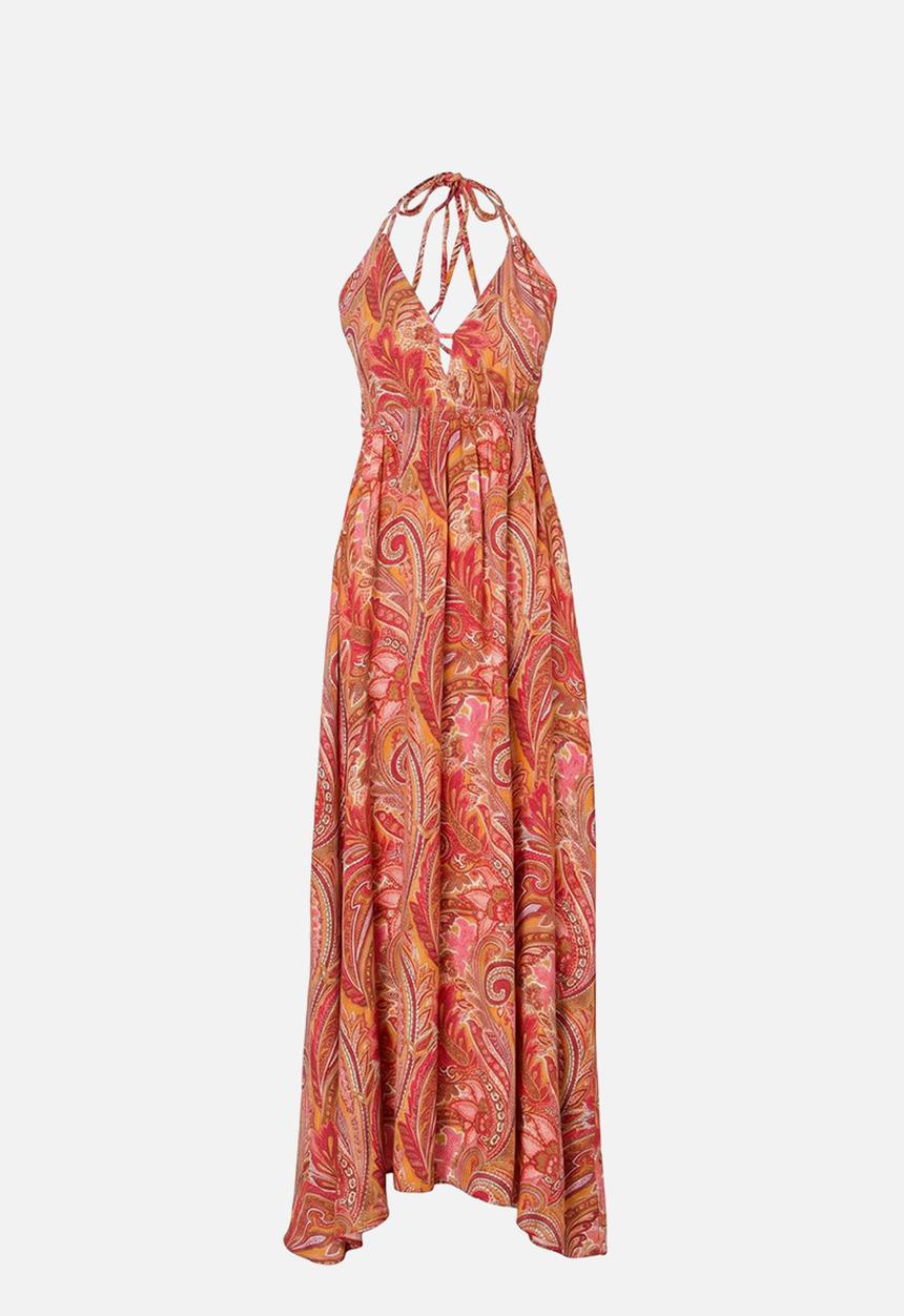Trendyol - Shawl Print Strappy Maxi Dress - Burgundy