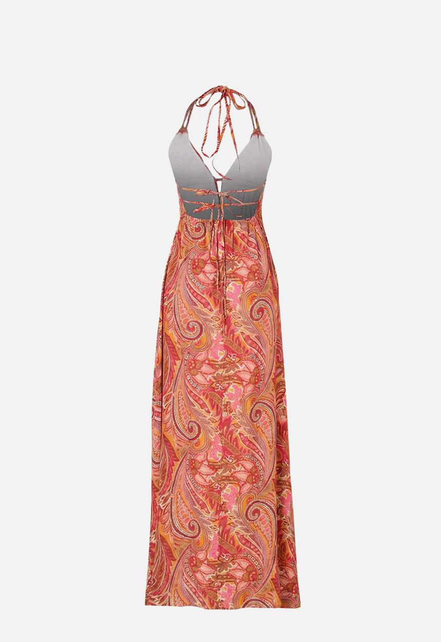 Trendyol - Shawl Print Strappy Maxi Dress - Burgundy