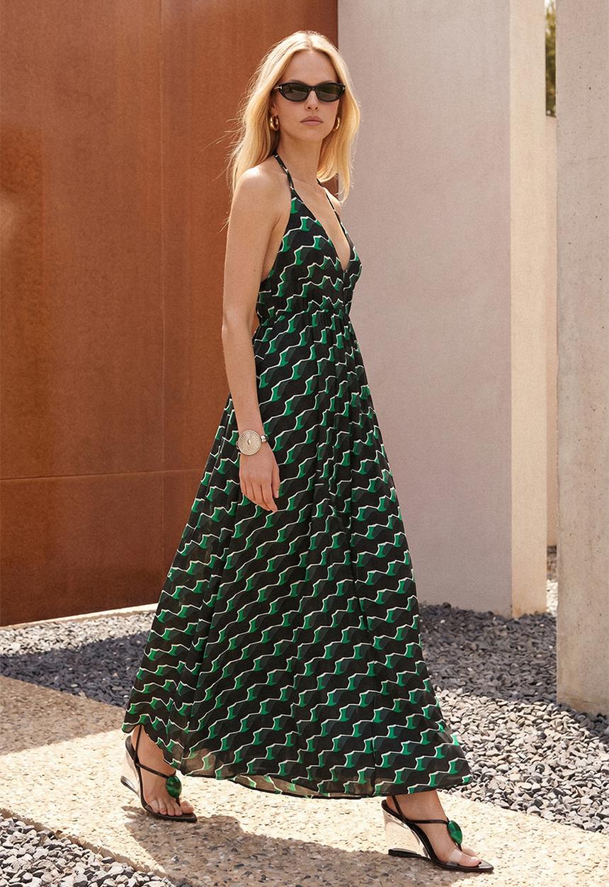 Trendyol - Geometric Print A-Line Maxi Dress - Green-Multicolour