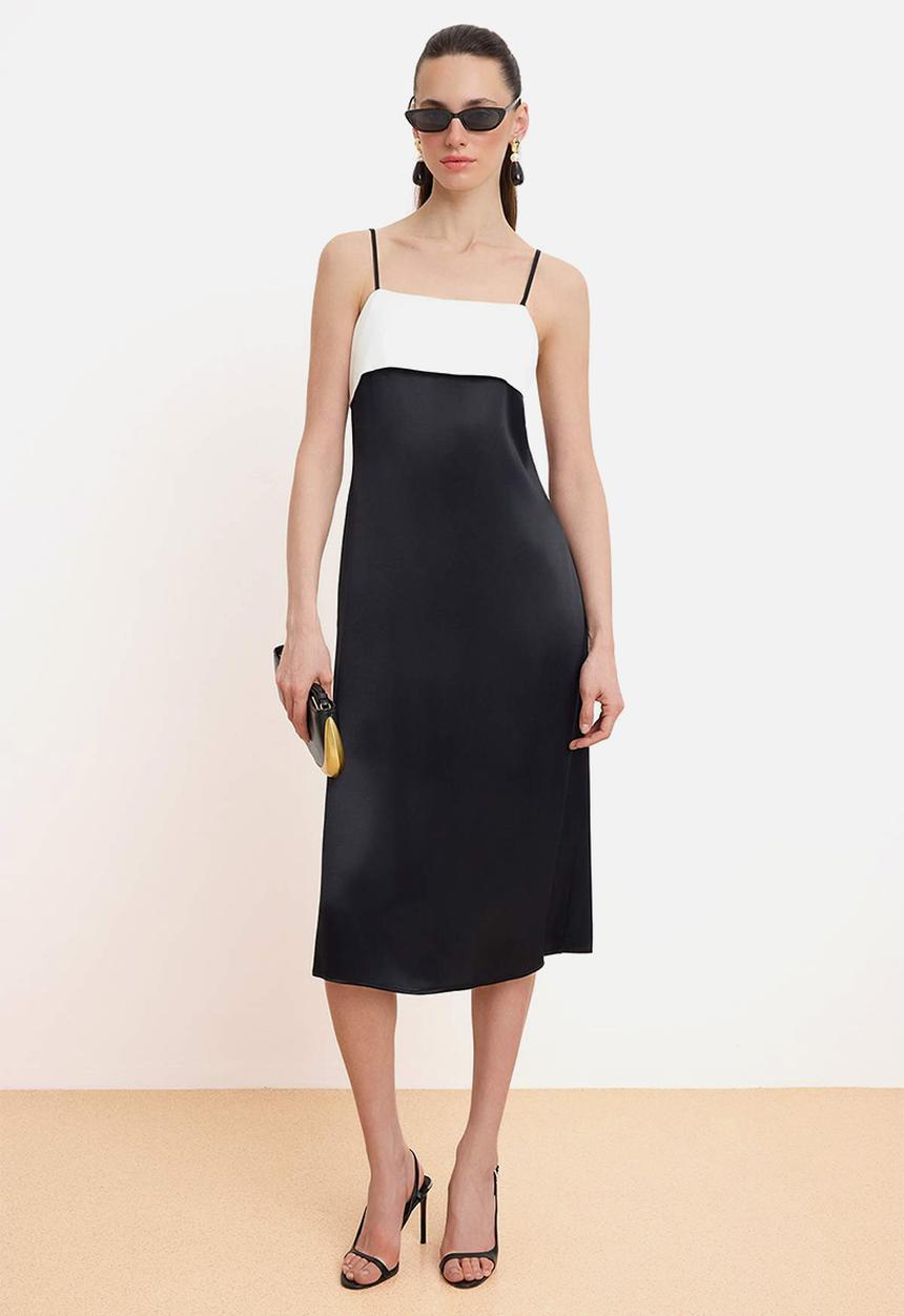 Trendyol - Colour Block Satin Midi Dress - Black & White