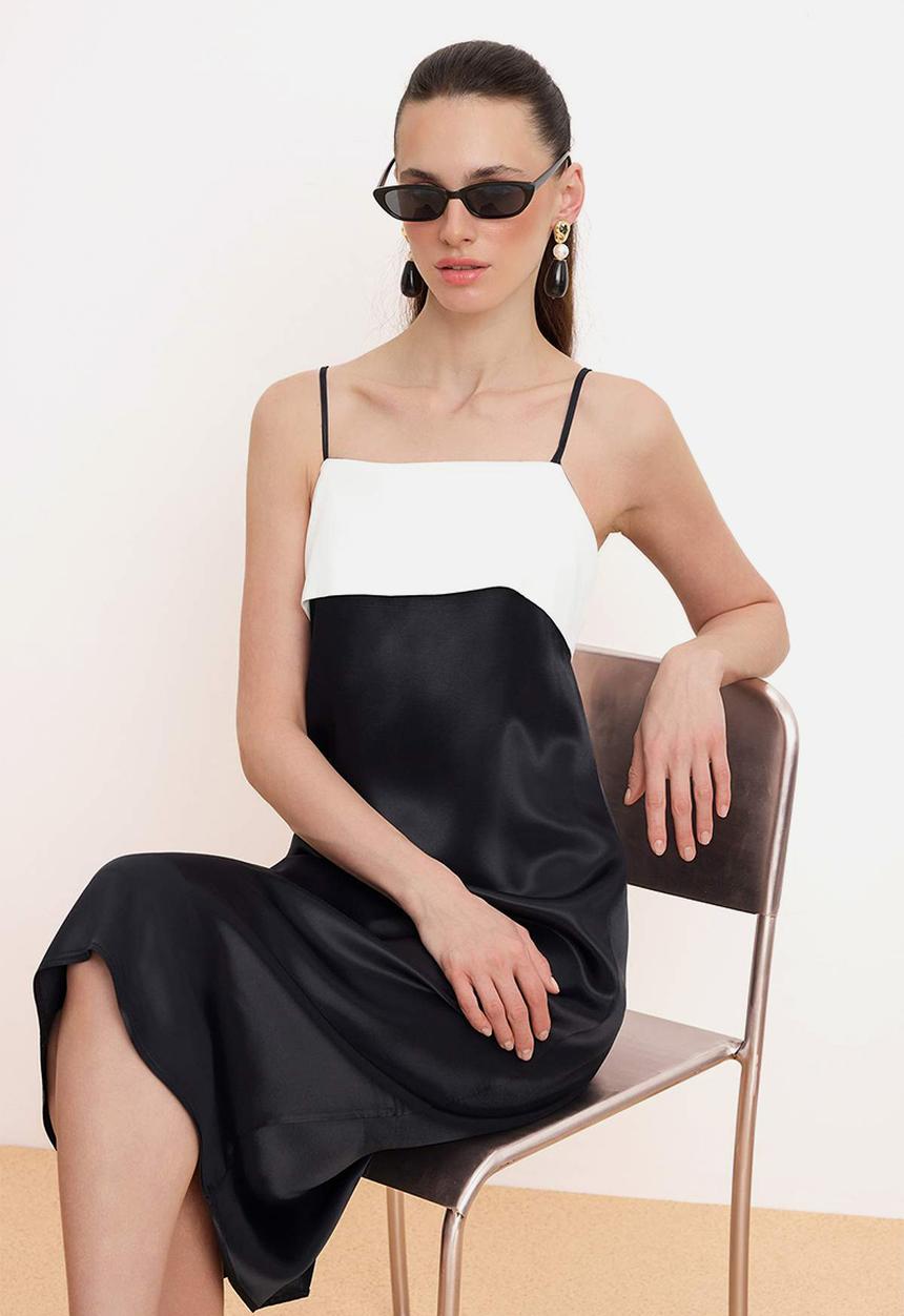 Trendyol - Colour Block Satin Midi Dress - Black & White