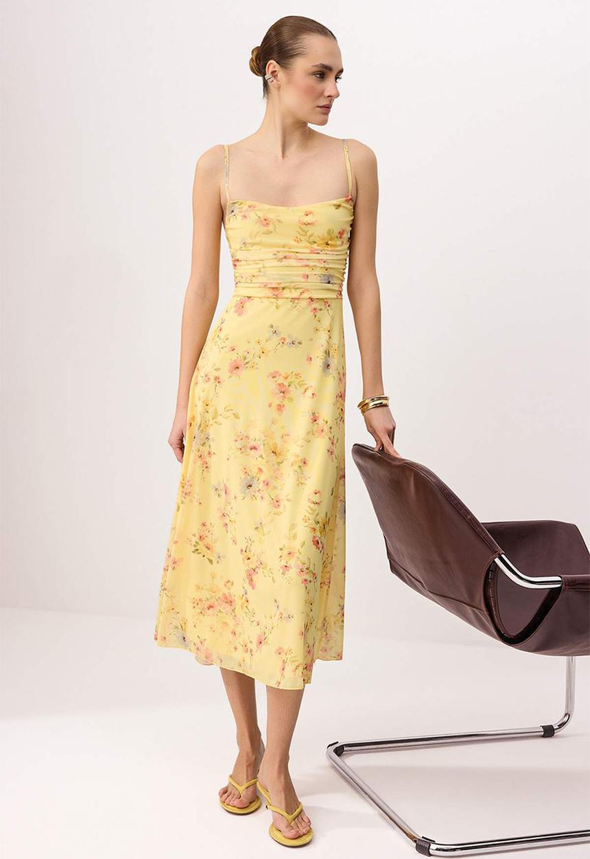 Trendyol - A-Line Tulle Midi Dress with Thin Straps - yellow