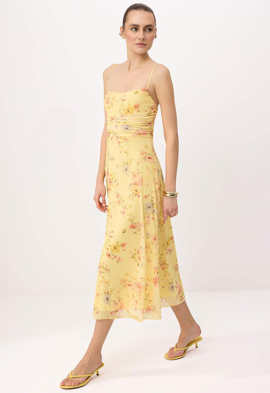 Trendyol - A-Line Tulle Midi Dress with Thin Straps - yellow