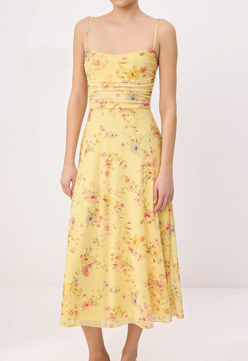 Trendyol - A-Line Tulle Midi Dress with Thin Straps - yellow