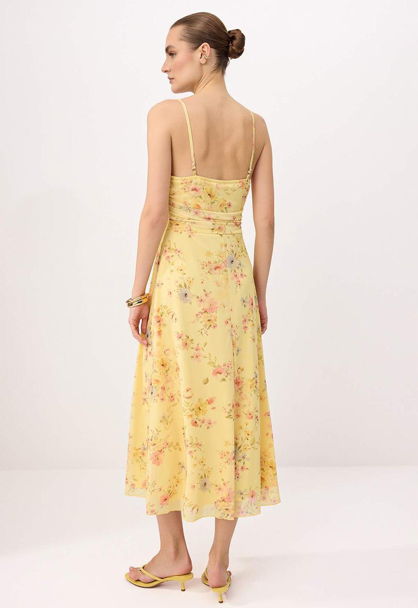 Trendyol - A-Line Tulle Midi Dress with Thin Straps - yellow