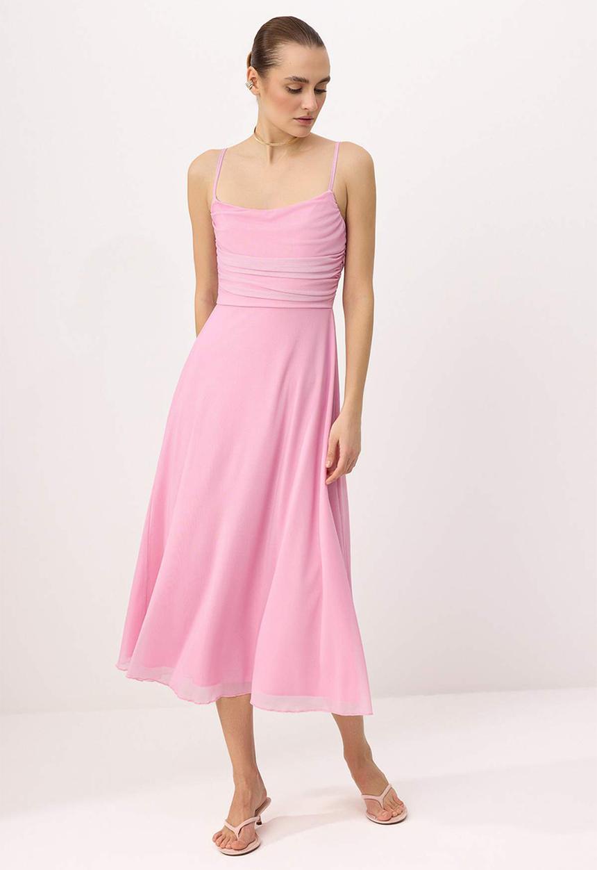Trendyol - A-Line Tulle Midi Dress with Thin Straps - Light Pink