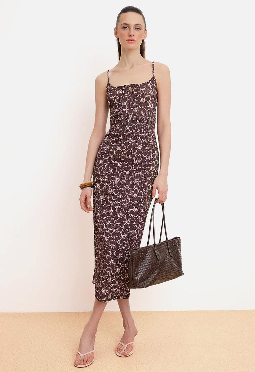 Trendyol - Floral Textured A-Line Knit Dress with Keyhole Neckline - Black