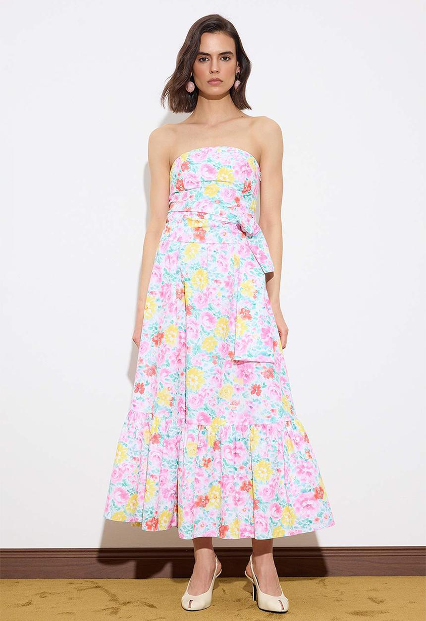 Trendyol - Floral Belted Maxi Dress with Waist Detail - Multi