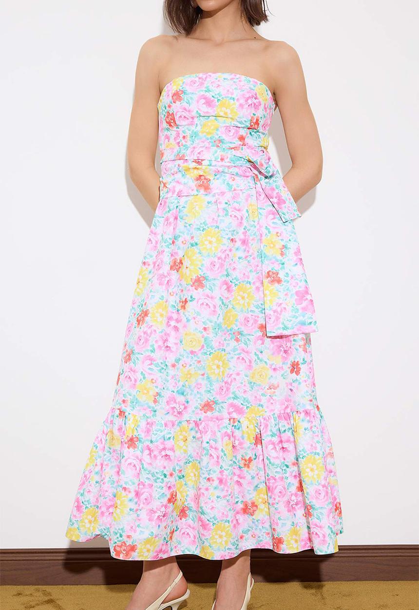 Trendyol - Floral Belted Maxi Dress with Waist Detail - Multi