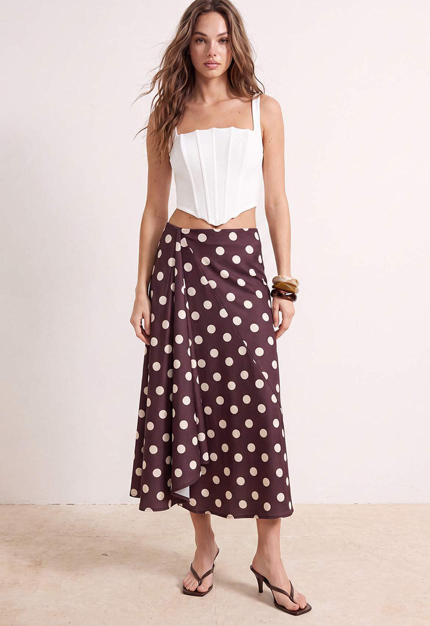 Trendyol - Polka Dot A-Line High-Waist Satin Skirt - Brown