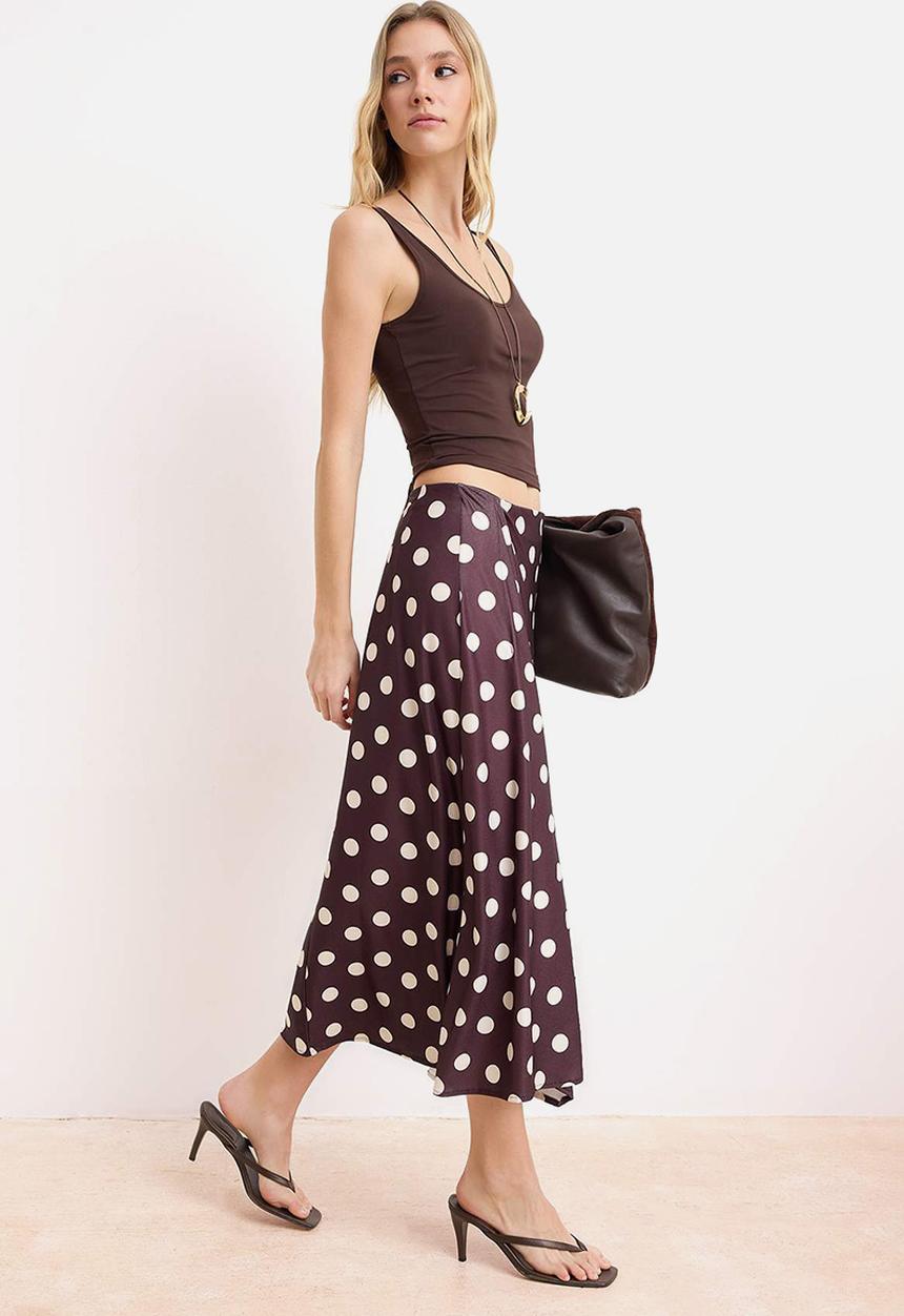 Trendyol - Polka Dot A-Line High-Waist Satin Skirt - Brown
